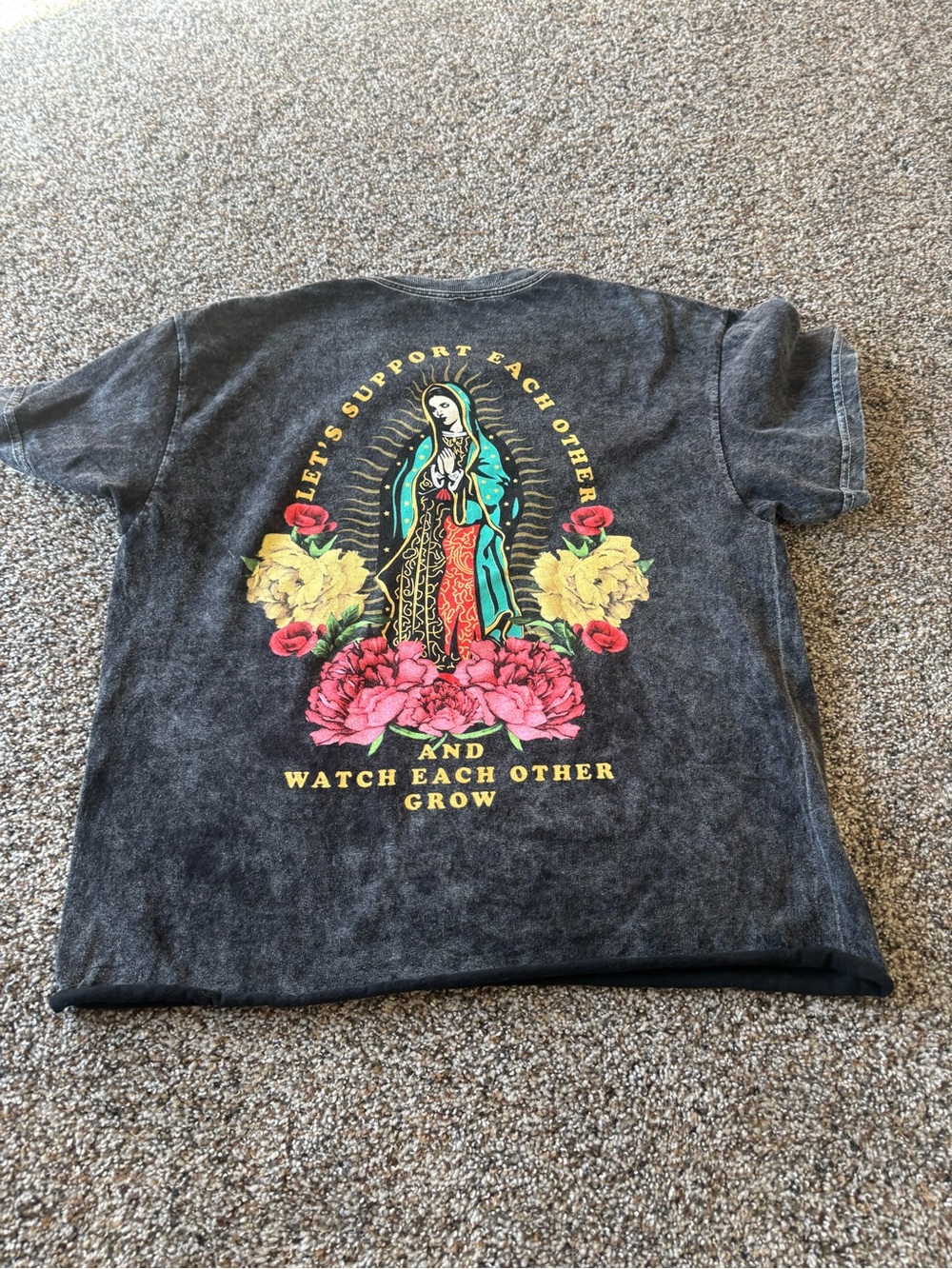 Mighty Fine Virgin Mary Rose Acid Wash Graphic Crop Tee Size M